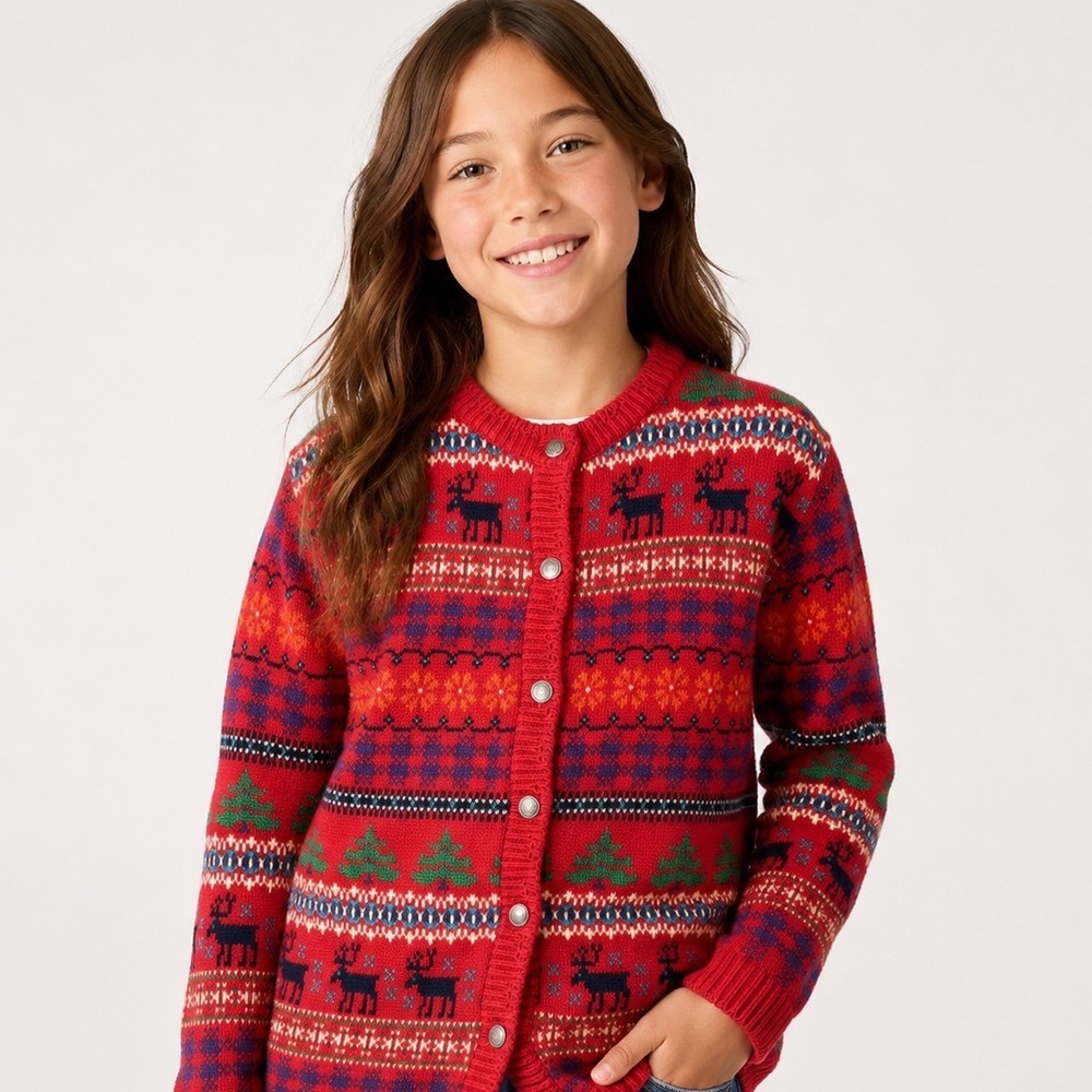 Vintage 90s GAP Kids XL Fair Isle Reindeer Moose Christmas Cardigan Sweater